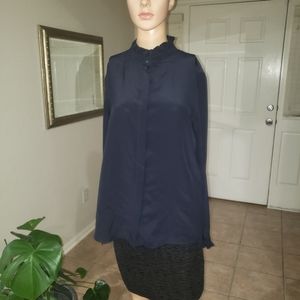 Antonio Melani M silk button down shirt ruffle neckline arm cuffs sophisticated